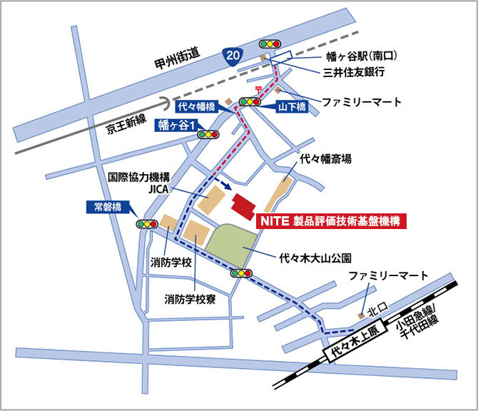 周辺地図 代々木上原駅北口から代々木大山公園を過ぎ消防学校の手前を右折し、ナイトへ。または、幡ヶ谷駅南口からコンビニエンスストアの交差点を右折、代々幡橋T字路を左折、新聞販売店を右折、ナイトへ。