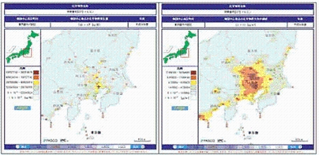 Discharge source map screen of toluene(the left) and atmospheric concentration map screen (the right)