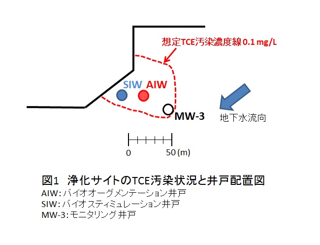 図1　浄化サイトのTCE汚染状況と井戸配置図