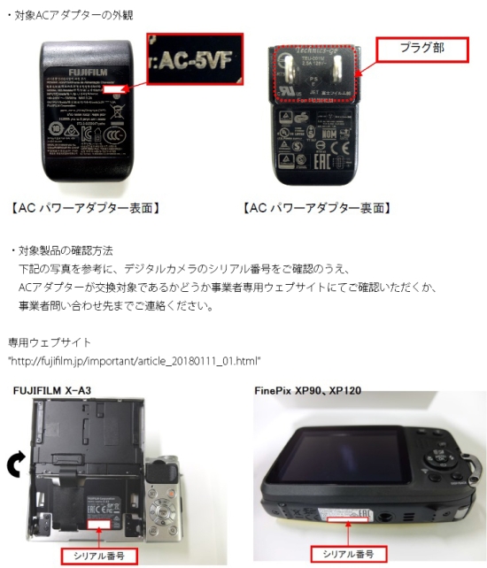 富士フイルム株式会社　デジタルカメラ用ACアダプター　対象製品の外観図　対象製品の確認方法　デジタルカメラのシリアル番号をご確認のうえ、ACアダプターが交換対象であるかどうか事業者専用ウェブサイトにてご確認いただくか、事業者問い合わせ先までご連絡ください。専用ウェブサイト