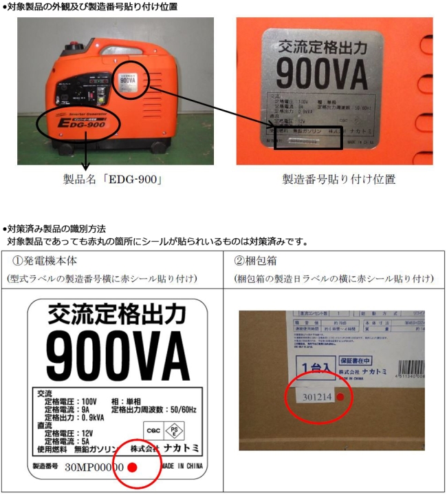 株式会社ナカトミ　携帯発電機　対象製品の外観及び製造番号貼り付け位置　対策済み製品の識別方法　対象製品であっても赤丸の箇所にシールが貼られいるものは対策済みです。