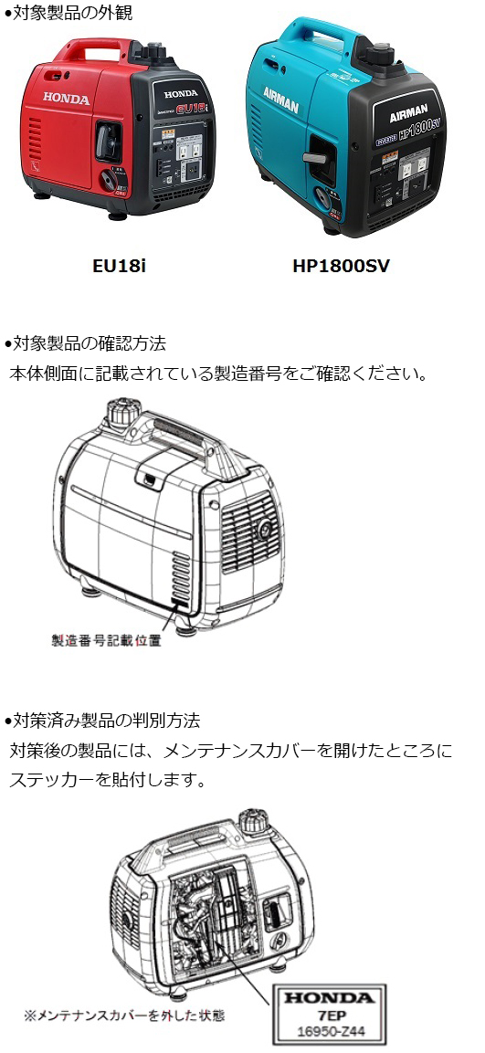 本田技研工業株式会社　北越工業株式会社　携帯発電機　対象製品の外観、確認方法、対策済み製品の判別方法