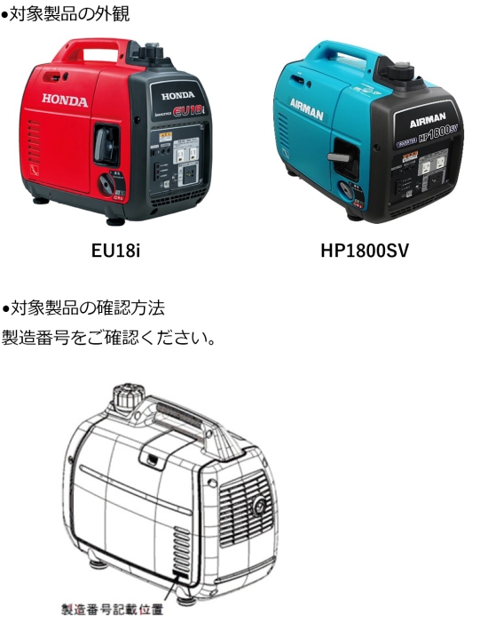 本田技研工業株式会社　北越工業株式会社　携帯発電機　対象製品の外観、確認方法