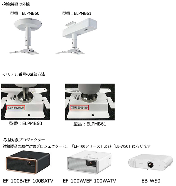 セイコーエプソン株式会社　プロジェクター用天吊り金具　対象製品の外観・確認方法