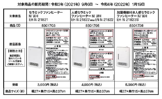 2022/01/28　株式会社ニトリホールディングス　電気温風機（セラミックファンヒーター）対象製品の外観、確認方法