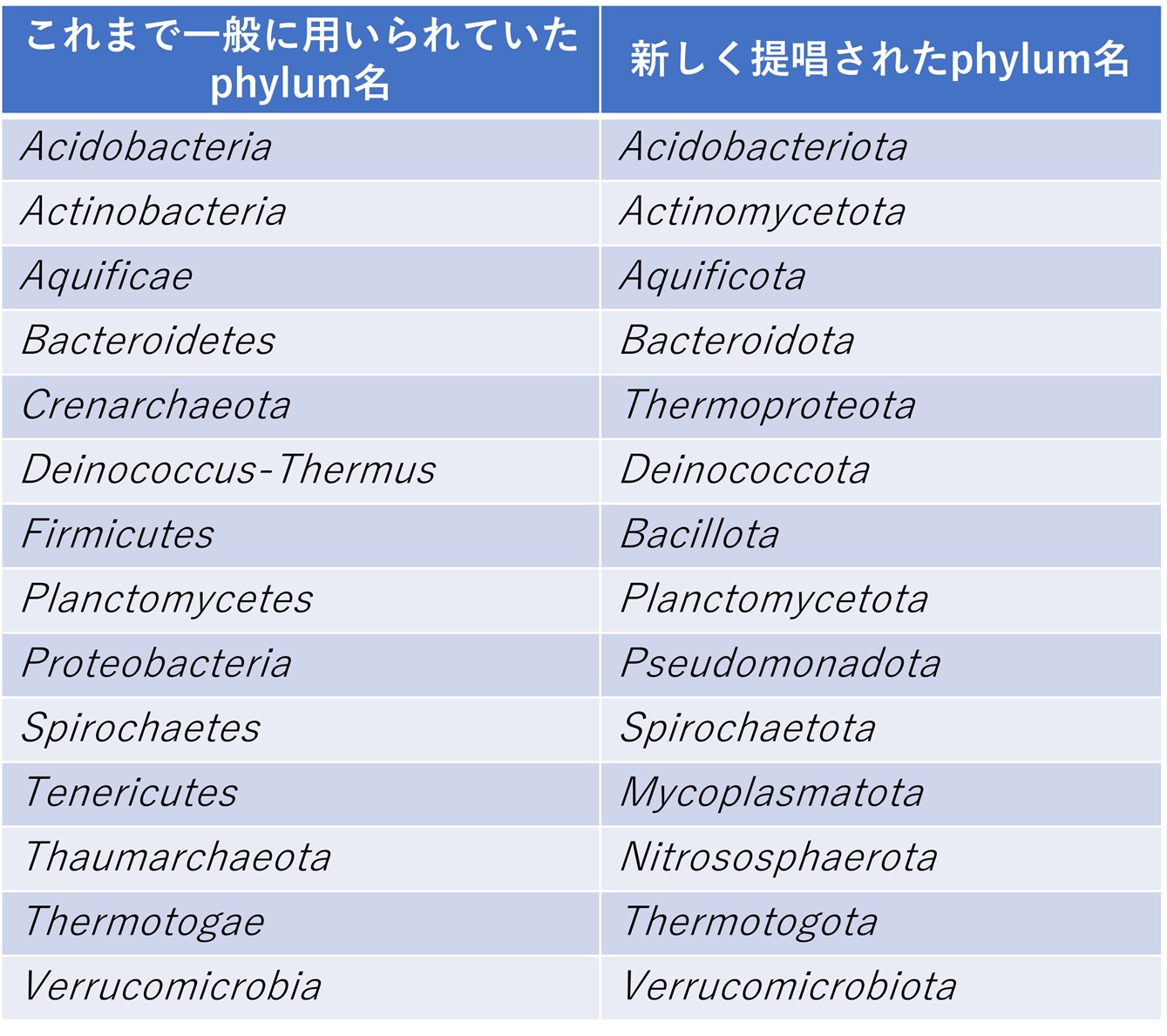 代表的なphylum名の新旧比較